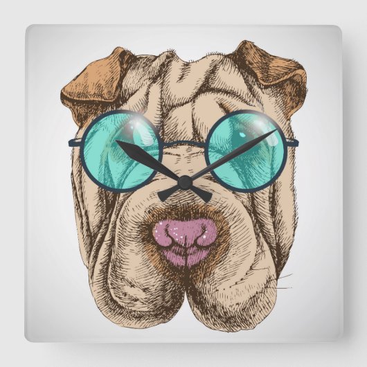 サングラスのSharpei スクエア壁時計 (正面)