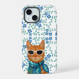 サングラスをかけたおしゃれな猫 ブルーフローラル iPhone 15ケース