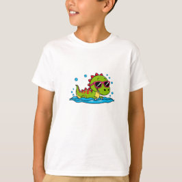サングラスをかけたかわいいキャラクターの恐竜の水泳デザイン  Tシャツ