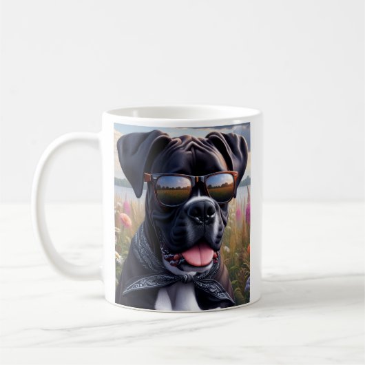 サングラスをかけたかわいいボクサー犬 コーヒーマグカップ (左)