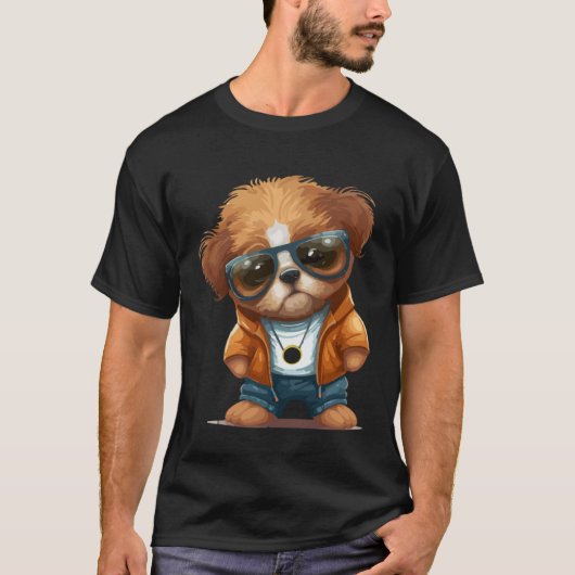 サングラスをかけたかわいい子犬4 Tシャツ (正面)