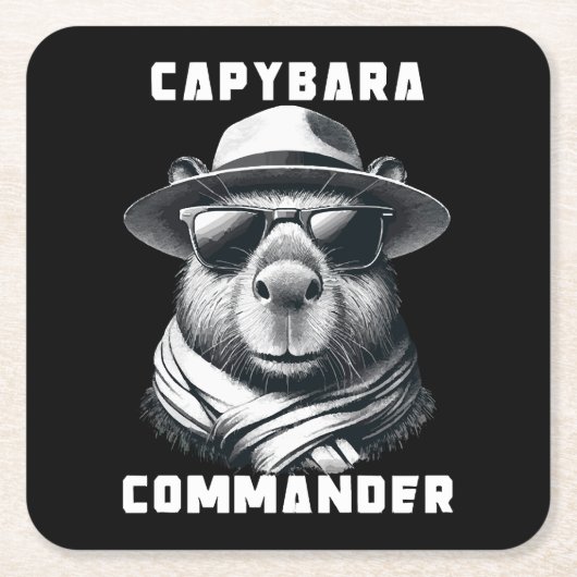 サングラスをかけたカピバラ Capy+Commander スクエアペーパーコースター (正面)