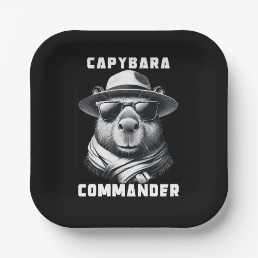 サングラスをかけたカピバラ Capy+Commander ペーパープレート (正面)