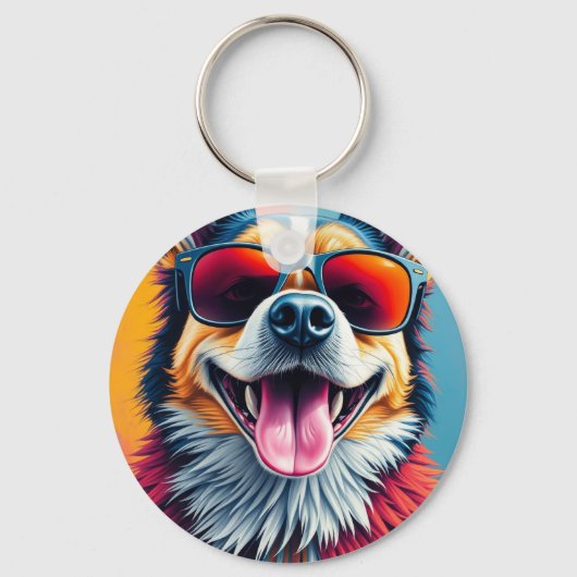 サングラスをかけたカラフルな犬 キーホルダー (正面)