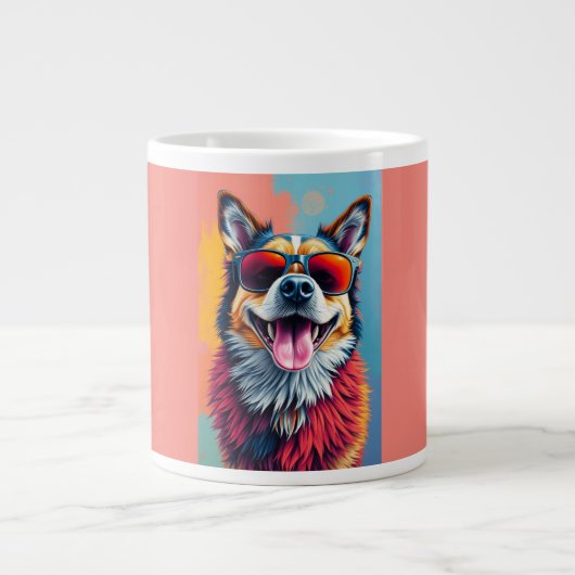 サングラスをかけたカラフルな犬 ジャンボコーヒーマグカップ (正面)