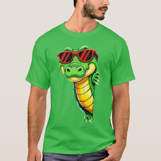 サングラスをかけたカワイイワニ ファッション グッズ メンズ レディース Tシャツ (正面)