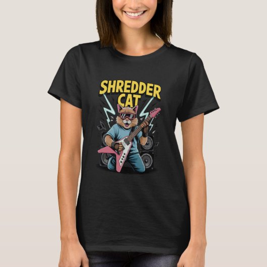 サングラスをかけたギターの激しい演奏をする猫、ライトニング Tシャツ (正面)