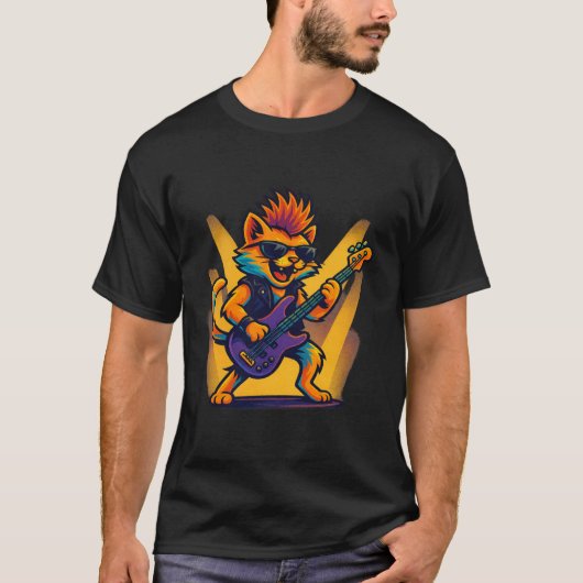 サングラスをかけたギターを弾くネコ ロックスター Tシャツ (正面)