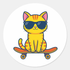 サングラスをかけたクールなスケボー猫のキャラクター ラウンドシール