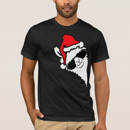 サングラスをかけたクールなラマのサンタ帽横顔 XMas Tシャツ (正面)