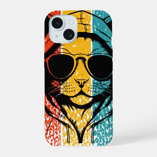 サングラスをかけたクールなレトロ猫 iPhone 15ケース (裏面)