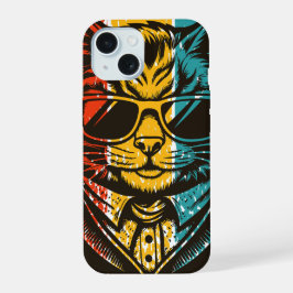 サングラスをかけたクールなレトロ猫 iPhone 15ケース