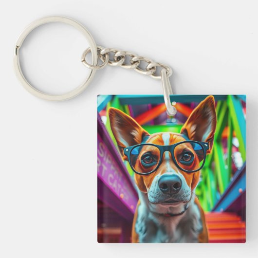 サングラスをかけたクールな犬 キーホルダー (正面)