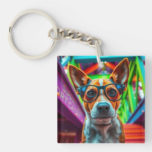 サングラスをかけたクールな犬 キーホルダー (正面)