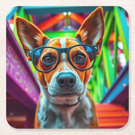 サングラスをかけたクールな犬 スクエアペーパーコースター (正面)