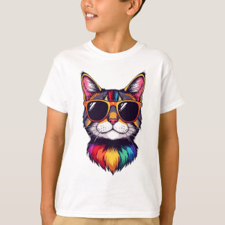 サングラスをかけたクールな猫 ヒッピーミルキーカラーキテイ Tシャツ
