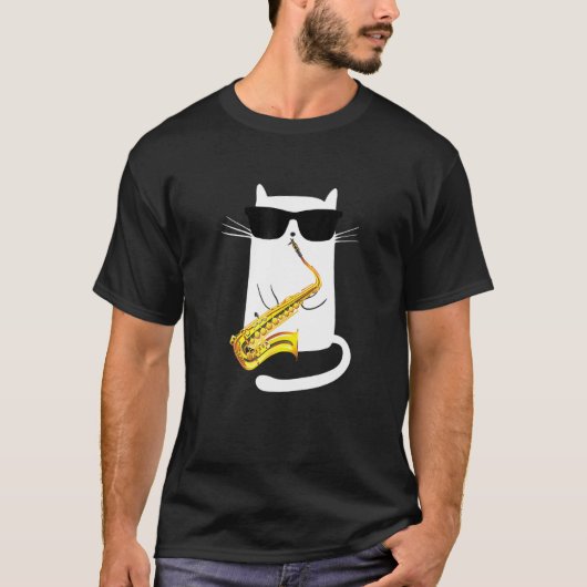 サングラスをかけたサックスを演奏する猫の面白いイラスト Tシャツ (正面)