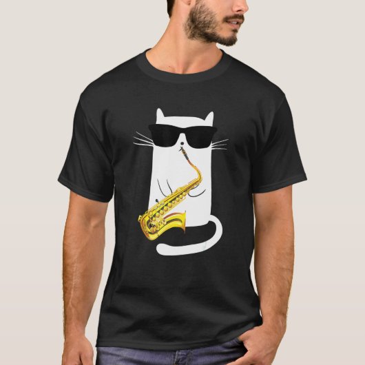 サングラスをかけたサックスを演奏する猫 Tシャツ (正面)