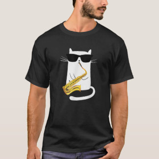 サングラスをかけたサックスを演奏する面白い猫 f tシャツ