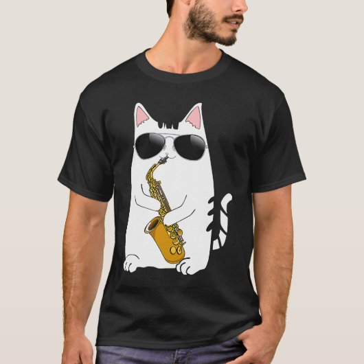 サングラスをかけたサックス演奏をする猫 Tシャツ (正面)