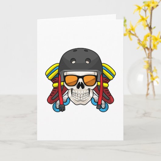 サングラスをかけたスケルトンとインラインスケート カード (黄色い花)