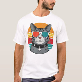 サングラスをかけたネコとサンセット柄のレトロな猫パパデザイン Tシャツ