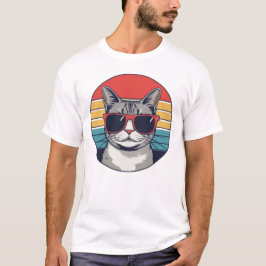 サングラスをかけたネコとサンセット柄のレトロな猫好きデザイン ネコ飼いのパパへ Tシャツ