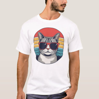 サングラスをかけたネコとサンセット柄のレトロな猫好きデザイン ネコ飼いのパパへ  Tシャツ