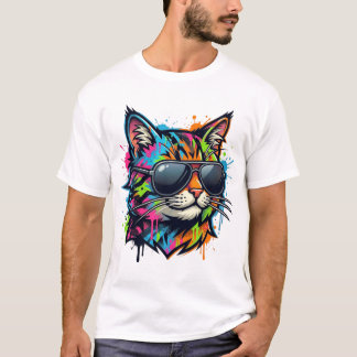 サングラスをかけたビビッドなネオンストリートアートの猫 Tシャツ