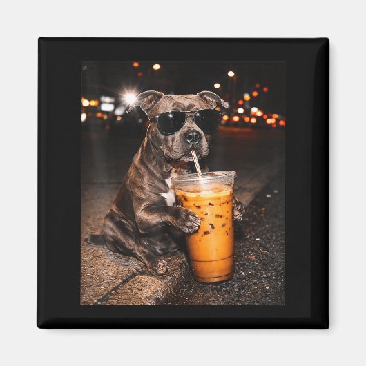 サングラスをかけたピットブル犬がアイスコーヒーを飲む マグネット (正面)