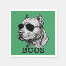 サングラスをかけたピットブル BOOS のインク スケッチ タトゥー デザイン スタンダードカクテルナプキン