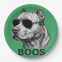 サングラスをかけたピットブル BOOS のインク スケッチ タトゥー デザイン