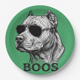 サングラスをかけたピットブル BOOS のインク スケッチ タトゥー デザイン ペーパープレート