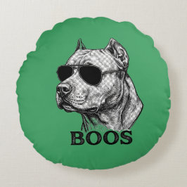 サングラスをかけたピットブル BOOS のインク スケッチ タトゥー デザイン ラウンドクッション