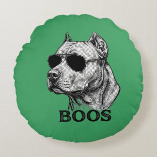 サングラスをかけたピットブル BOOS のインク スケッチ タトゥー デザイン ラウンドクッション