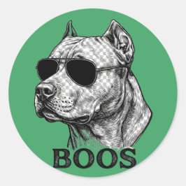サングラスをかけたピットブル BOOS のインク スケッチ タトゥー デザイン ラウンドシール