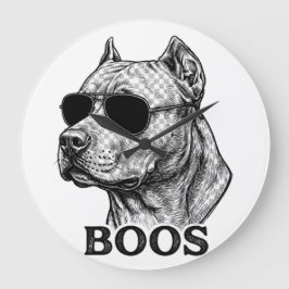 サングラスをかけたピットブル BOOS のインク スケッチ タトゥー デザイン ラージ壁時計