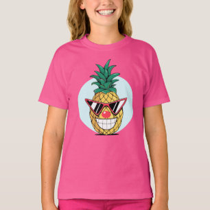 サングラスをかけたピンクのハートの鼻をつけた笑顔のパイナップル Tシャツ