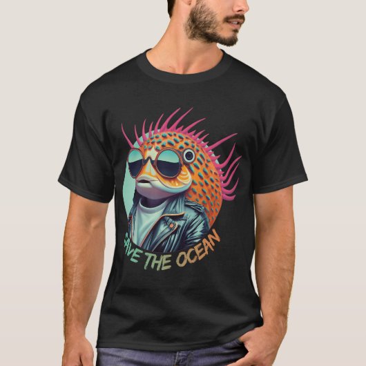 サングラスをかけたフグとまだら模様の魚 Tシャツ (正面)