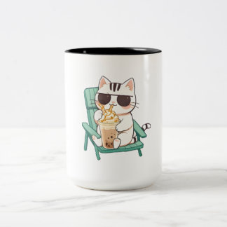 サングラスをかけたフラペチーノを飲むかわいいちび猫 ツートーンマグカップ