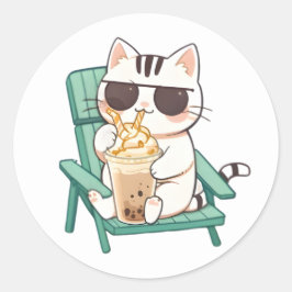 サングラスをかけたフラペチーノを飲むかわいいちび猫 ラウンドシール