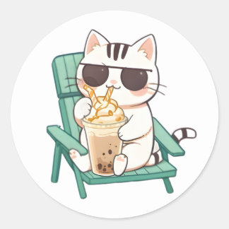 サングラスをかけたフラペチーノを飲むかわいいちび猫 ラウンドシール
