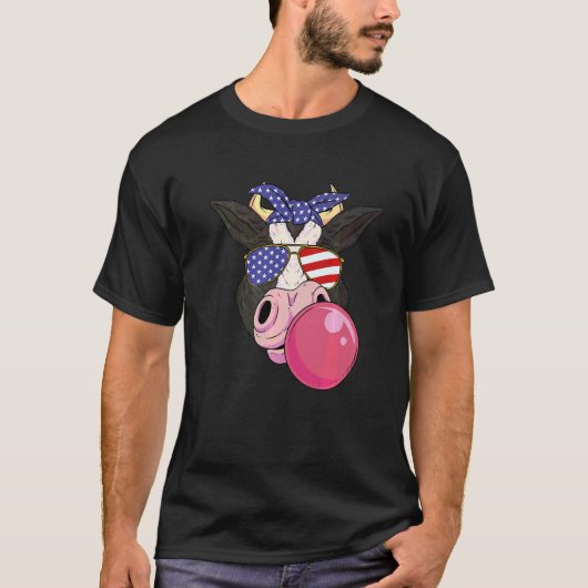 サングラスをかけた牛 アメリカ国旗のかわいい牛 Tシャツ (正面)