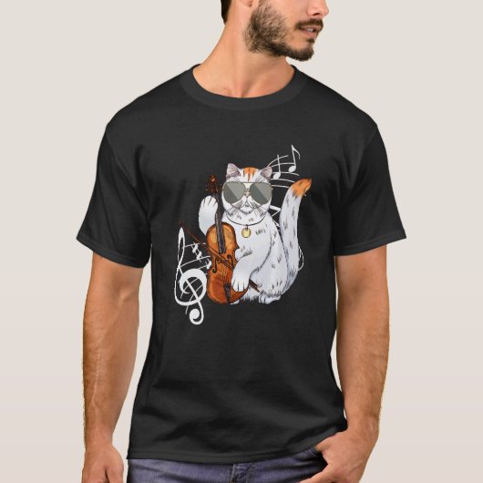 サングラスをかけた猫がバイオリンを演奏 ヴァイオラ 音楽家 Tシャツ (正面)