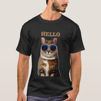 サングラスをかけた猫のハローTシャツ メンズ ダーク Tシャツ