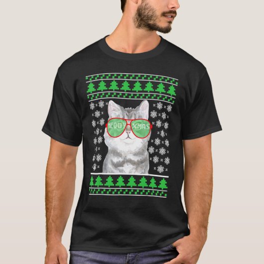 サングラスをかけた猫のメオウィー・ラフ・クリスマス・セーター Tシャツ (正面)