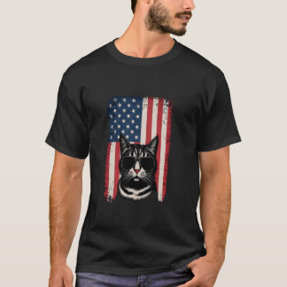 サングラスをかけた猫 レトロ アメリカ国旗 子猫 Tシャツ