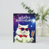 サングラスをかけた白猫が乾杯している誕生日 ポストカード (スタンド正面)