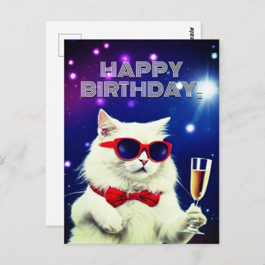 サングラスをかけた白猫が乾杯している誕生日 ポストカード (正面/裏面)
