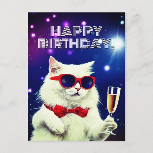サングラスをかけた白猫が誕生日を祝っている ポストカード (正面)
